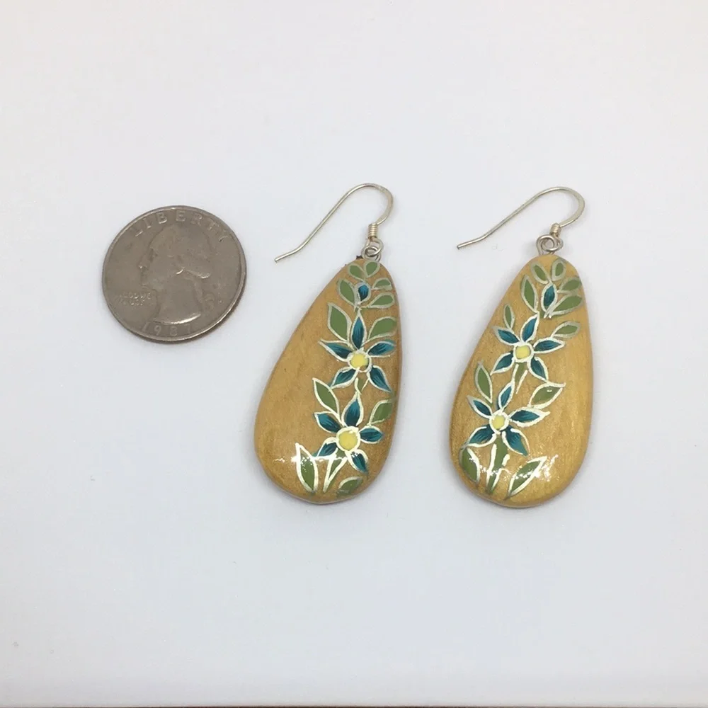 Hand Painted Walnut Wood Sterling Silver Teardrop Earrings Teal & Yellow Floral